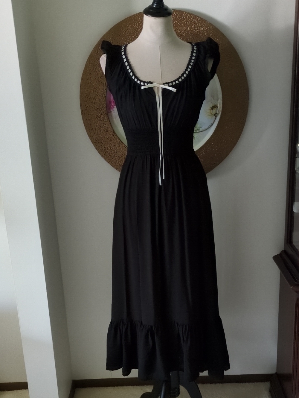 By The River Black Smocked Midi Dress with Contrast Tie